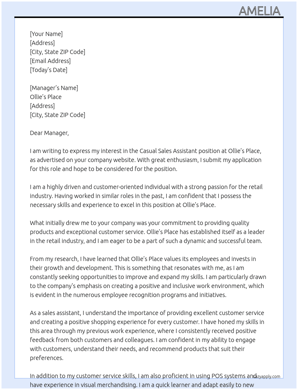 Casual Sales Assistant  At Ollie's Place Cover Letter