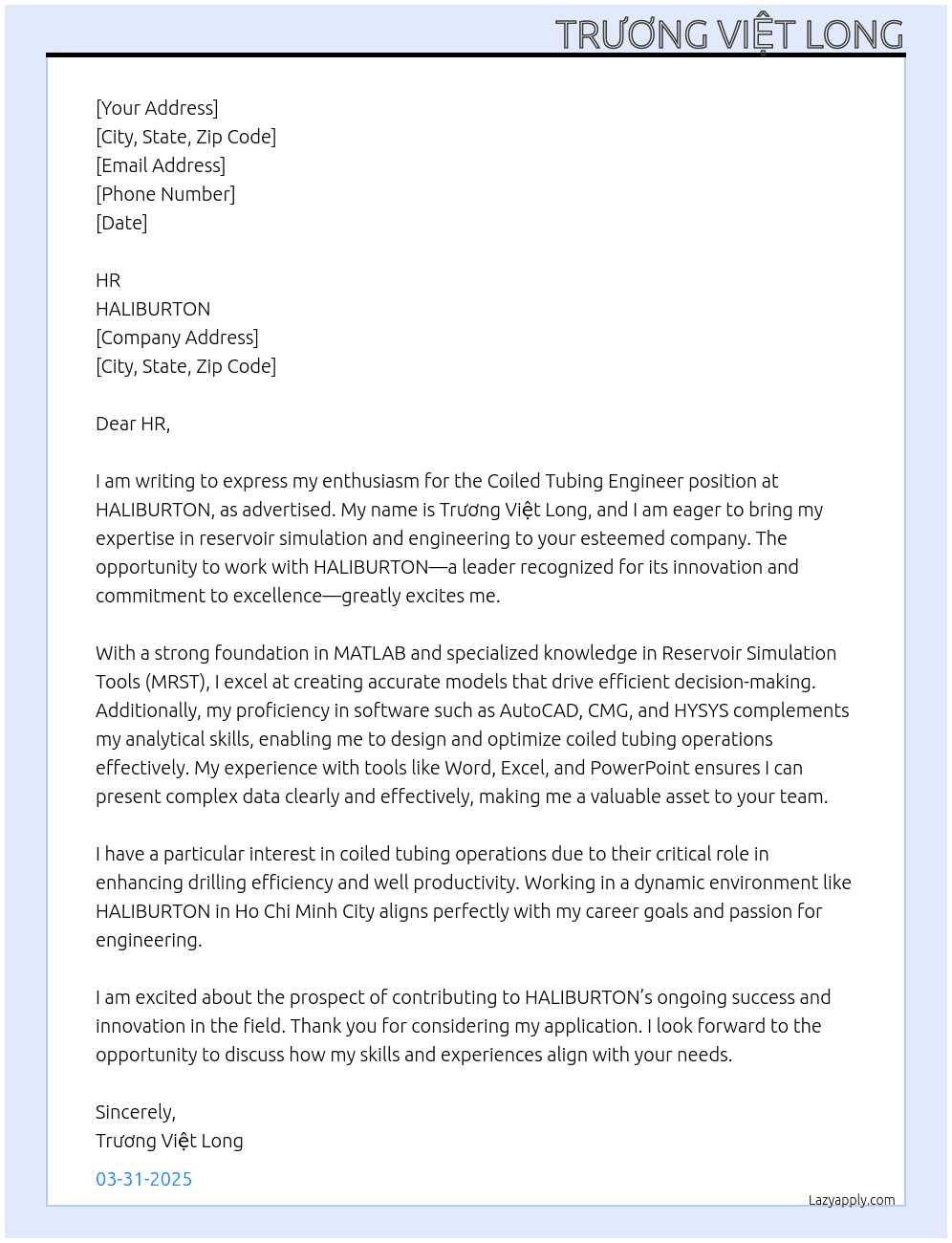 Coiled Tubing Engineer At HALIBURTON Cover Letter