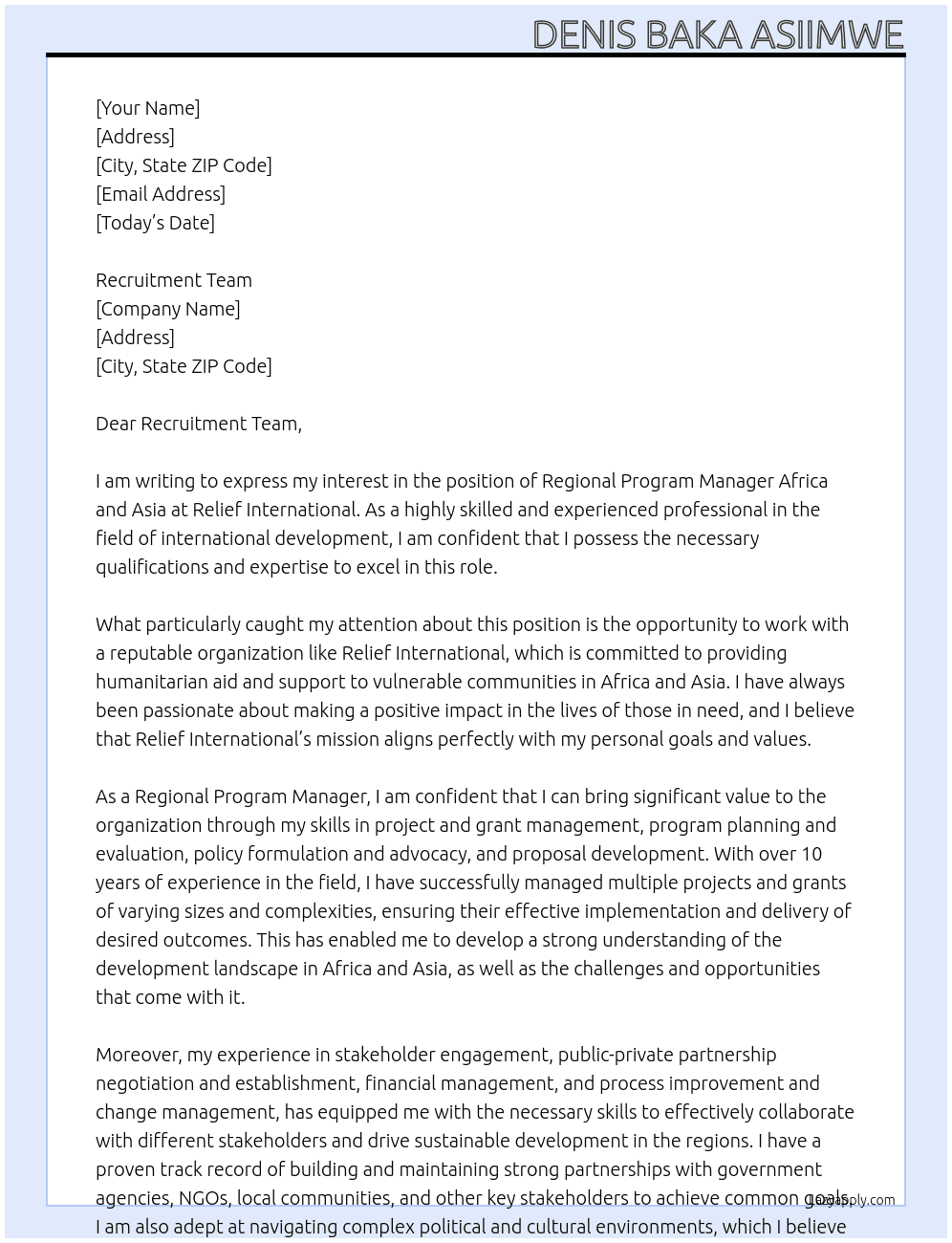 Regional Program Manager Africa and Asia  At Relief International Cover Letter