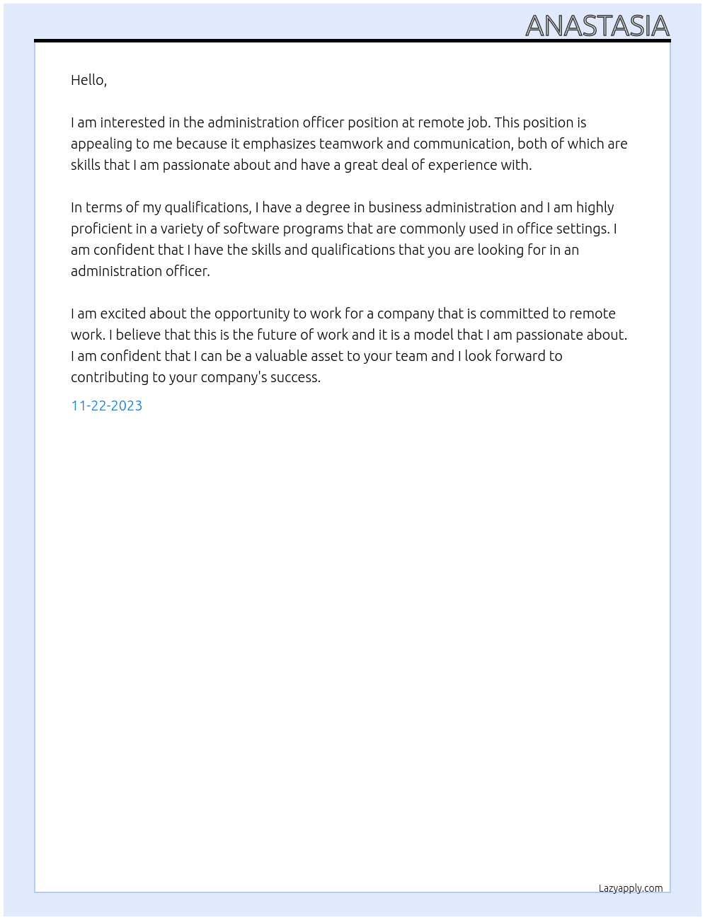 administration officer At remote job Cover Letter