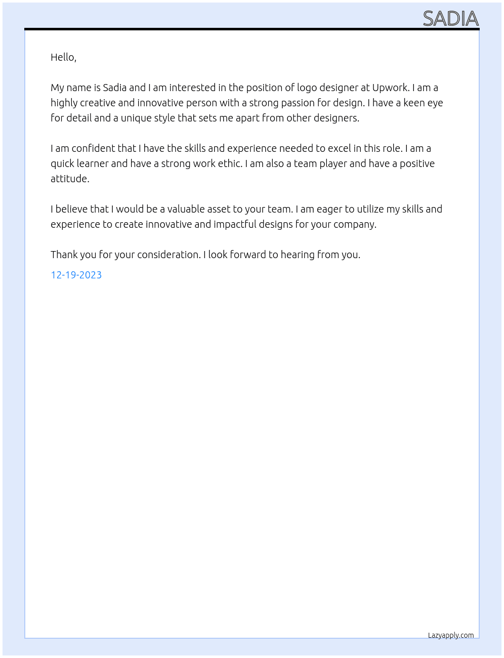Logo designer At upwork Cover Letter