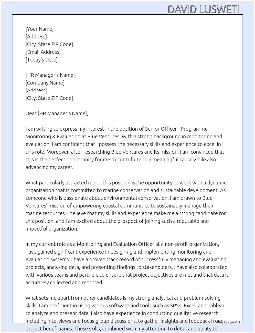 Senior Officer - Programme Monitoring & Evaluation At Blue Ventures Cover Letter