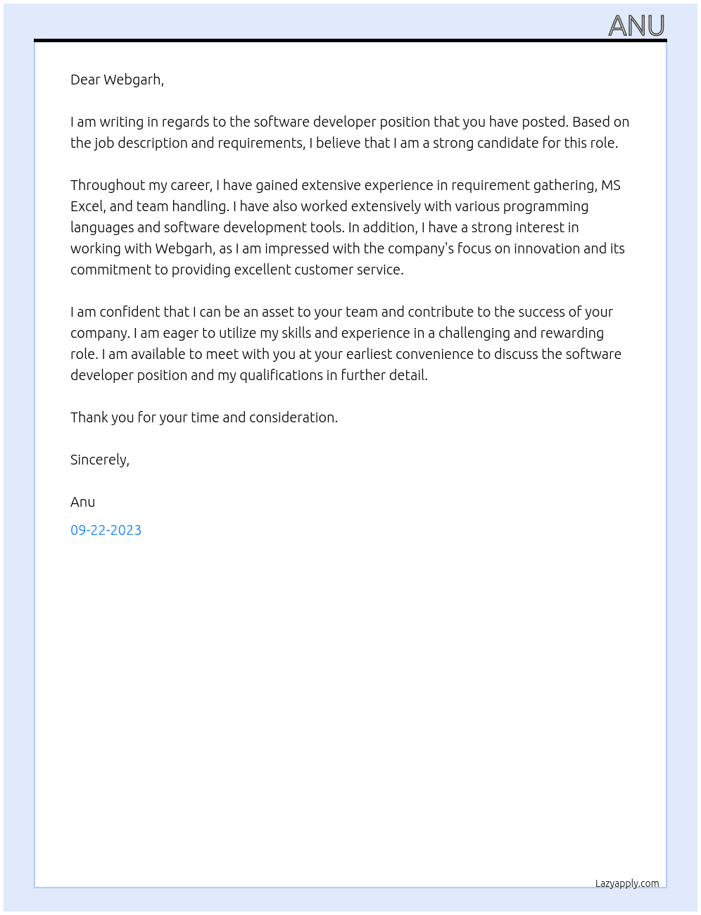 software developer At Webgarh Cover Letter