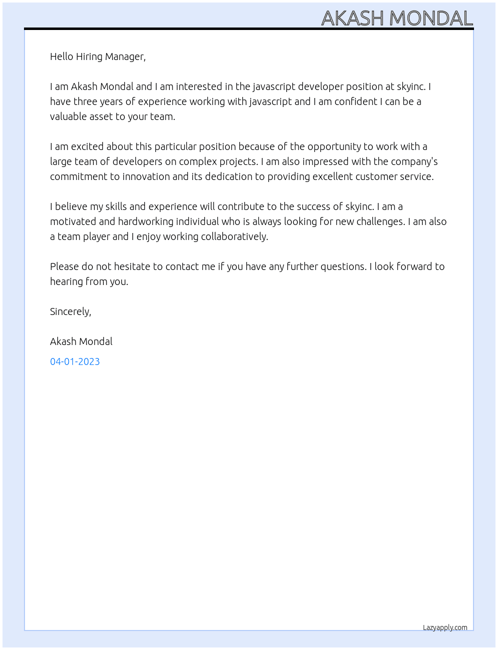javascript developer At skyinc Cover Letter