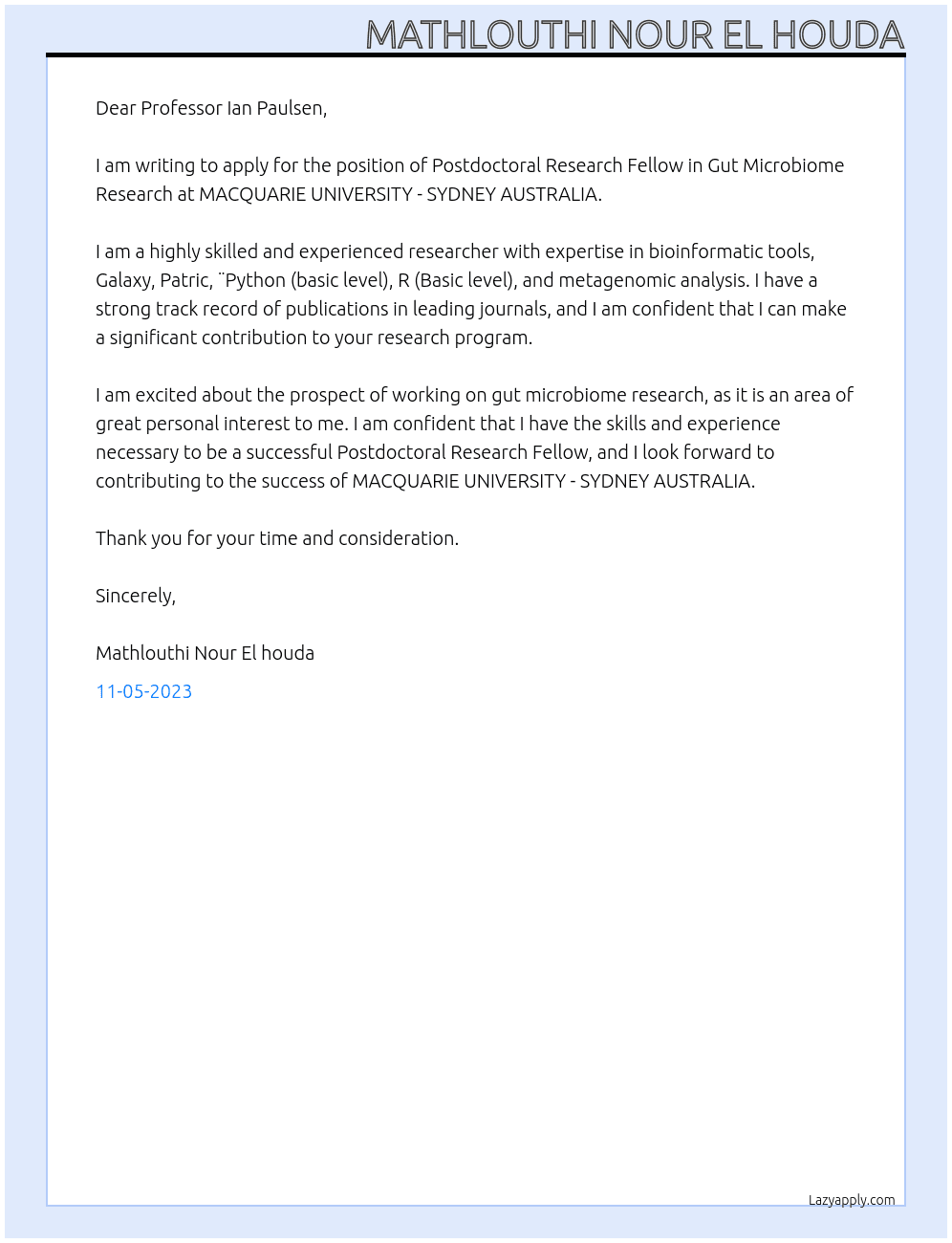 Postdoctoral Research Fellow in Gut Microbiome Research At MACQUARIE UNIVERSITY - SYDNEY AUSTRALIA Cover Letter