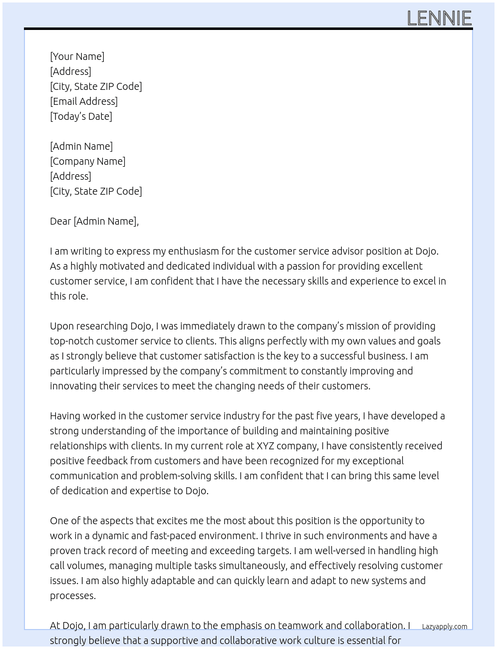 customer service advisor At Dojo Cover Letter