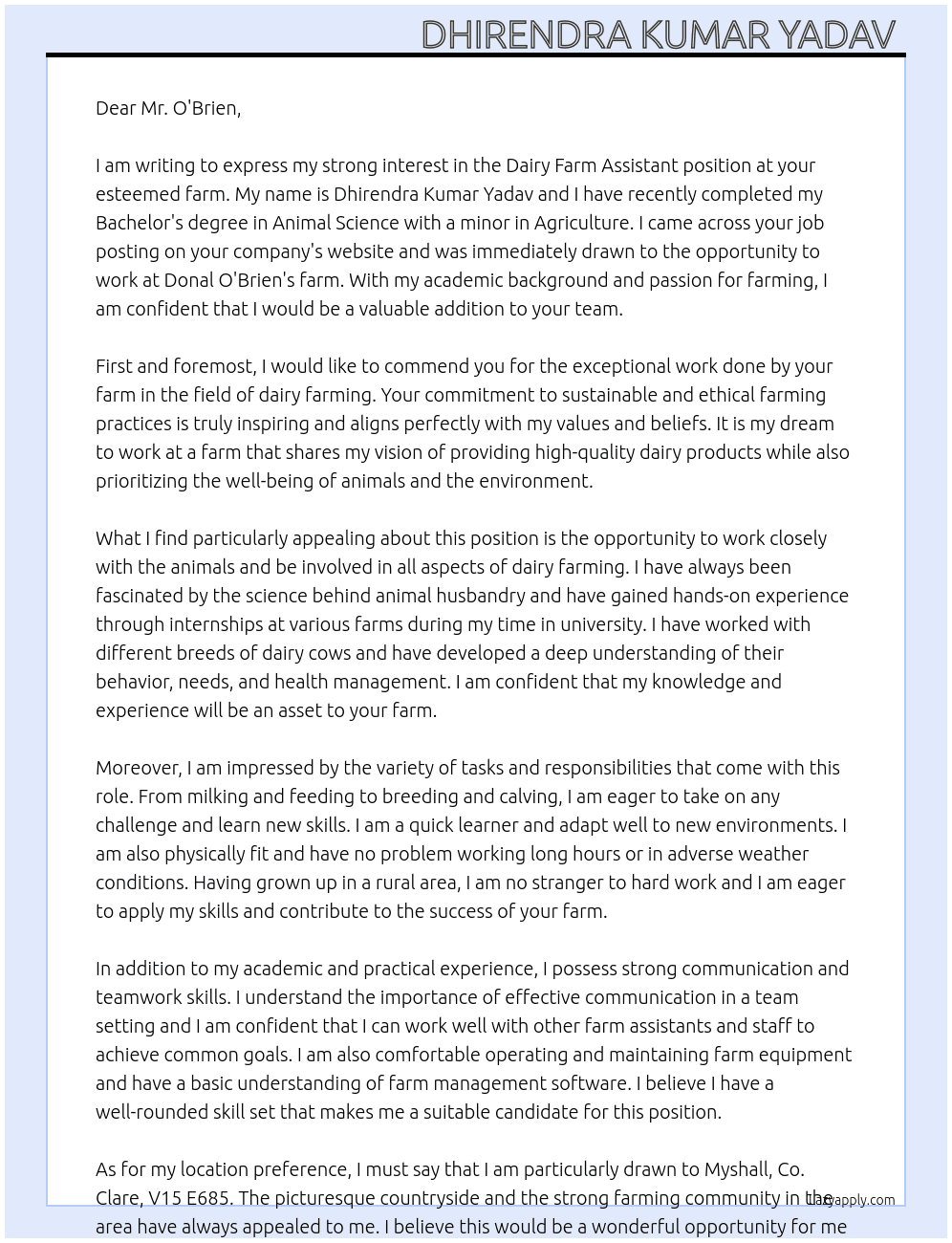 Dairy Farm Assistant At Donal O’Brien’s farm Cover Letter