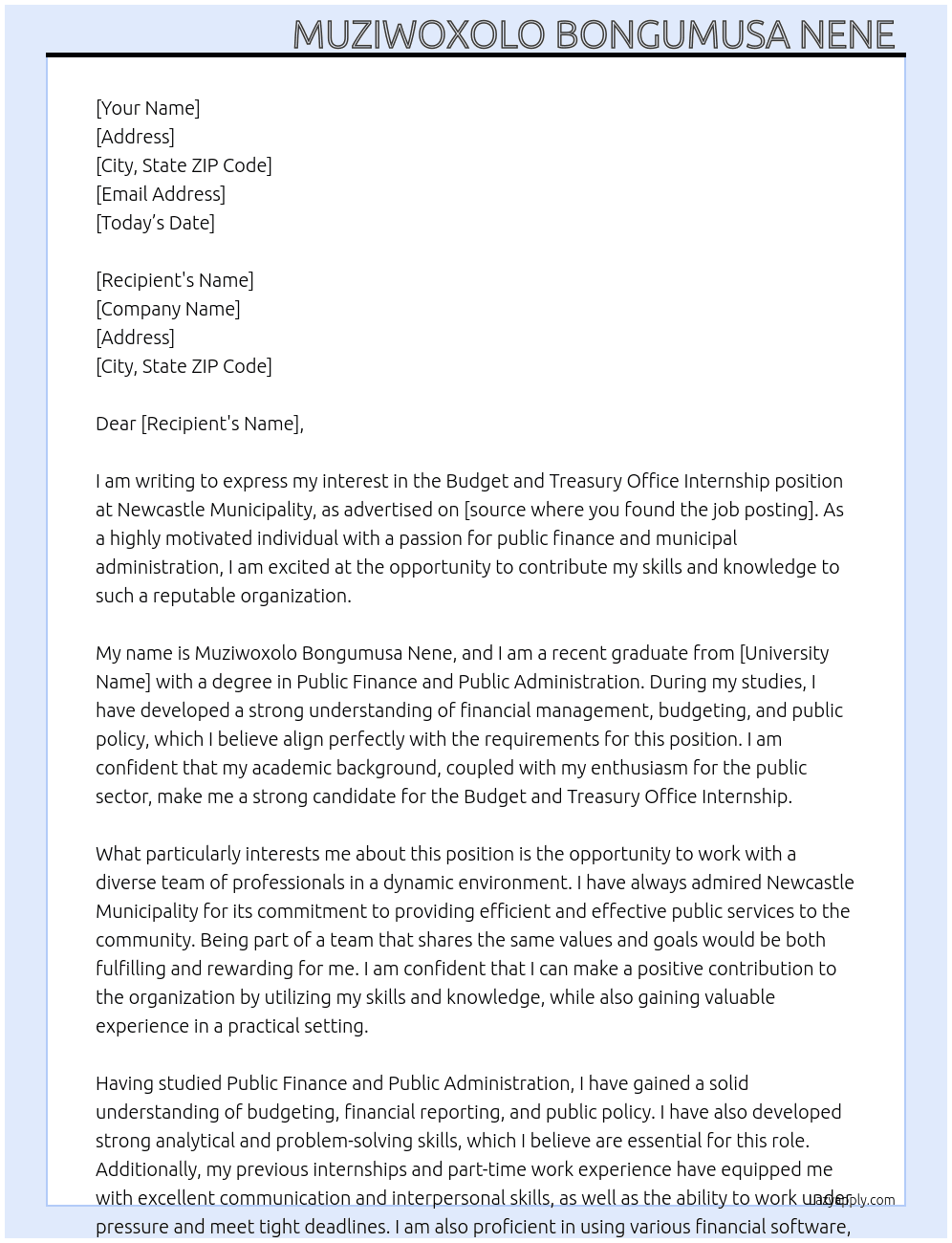 Budget and treasury office internship  At Newcastle municipality  Cover Letter