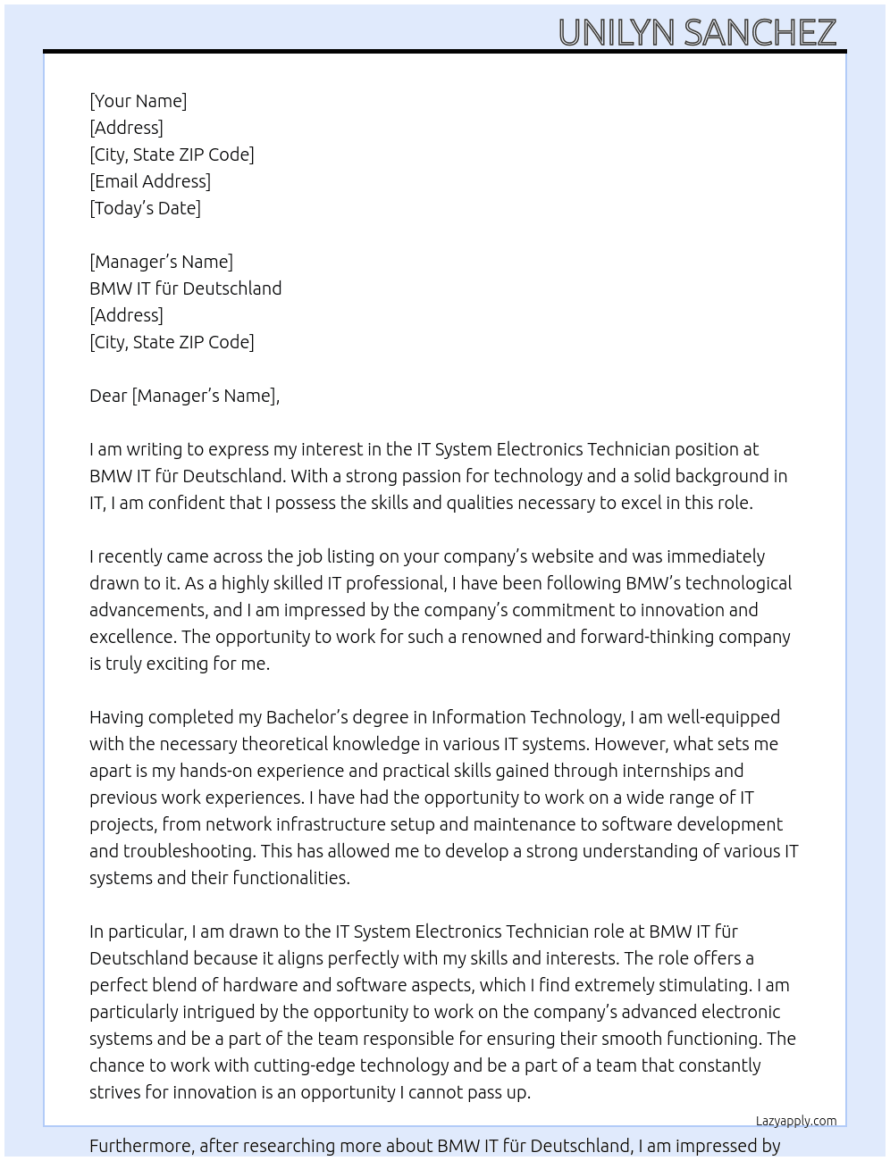 It system electronics technician  At BMW it für deutschland Cover Letter