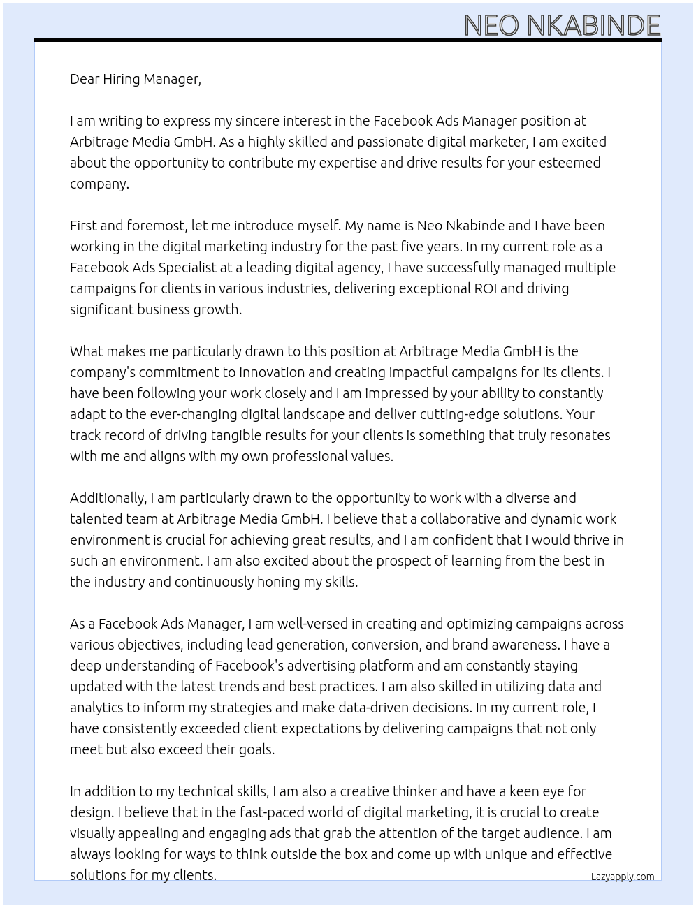 Facebook Ads Manager At Arbitrage Media GmbH Cover Letter