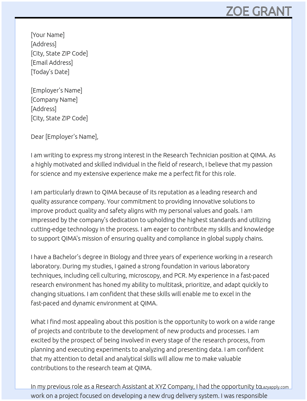 Research Technician  At QIMA Cover Letter
