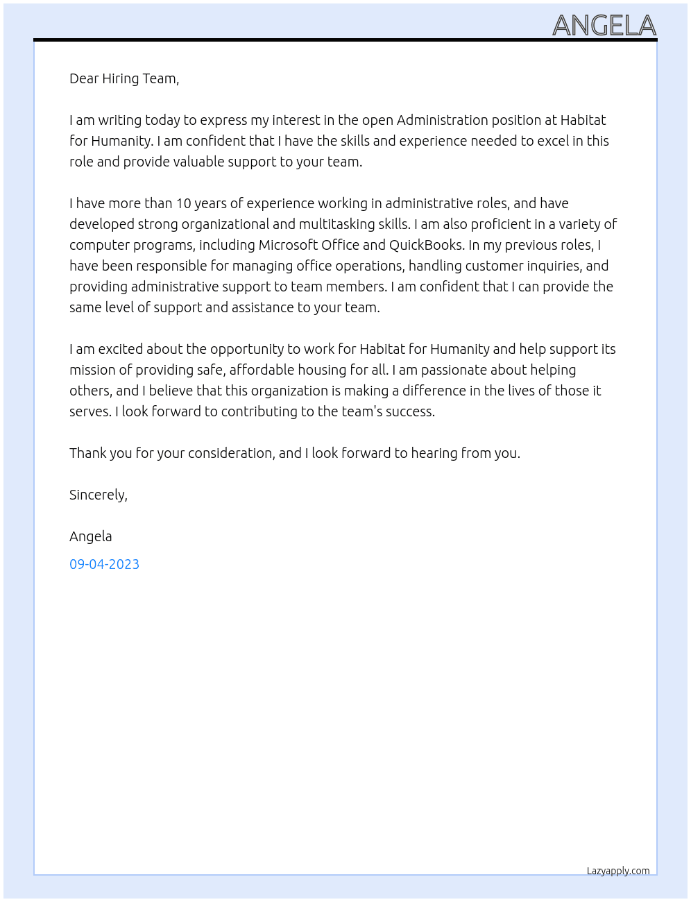 Administration  At Habitat for Humanity  Cover Letter