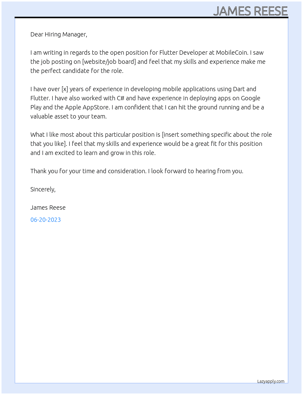 Flutter Developer At MobileCoin Cover Letter