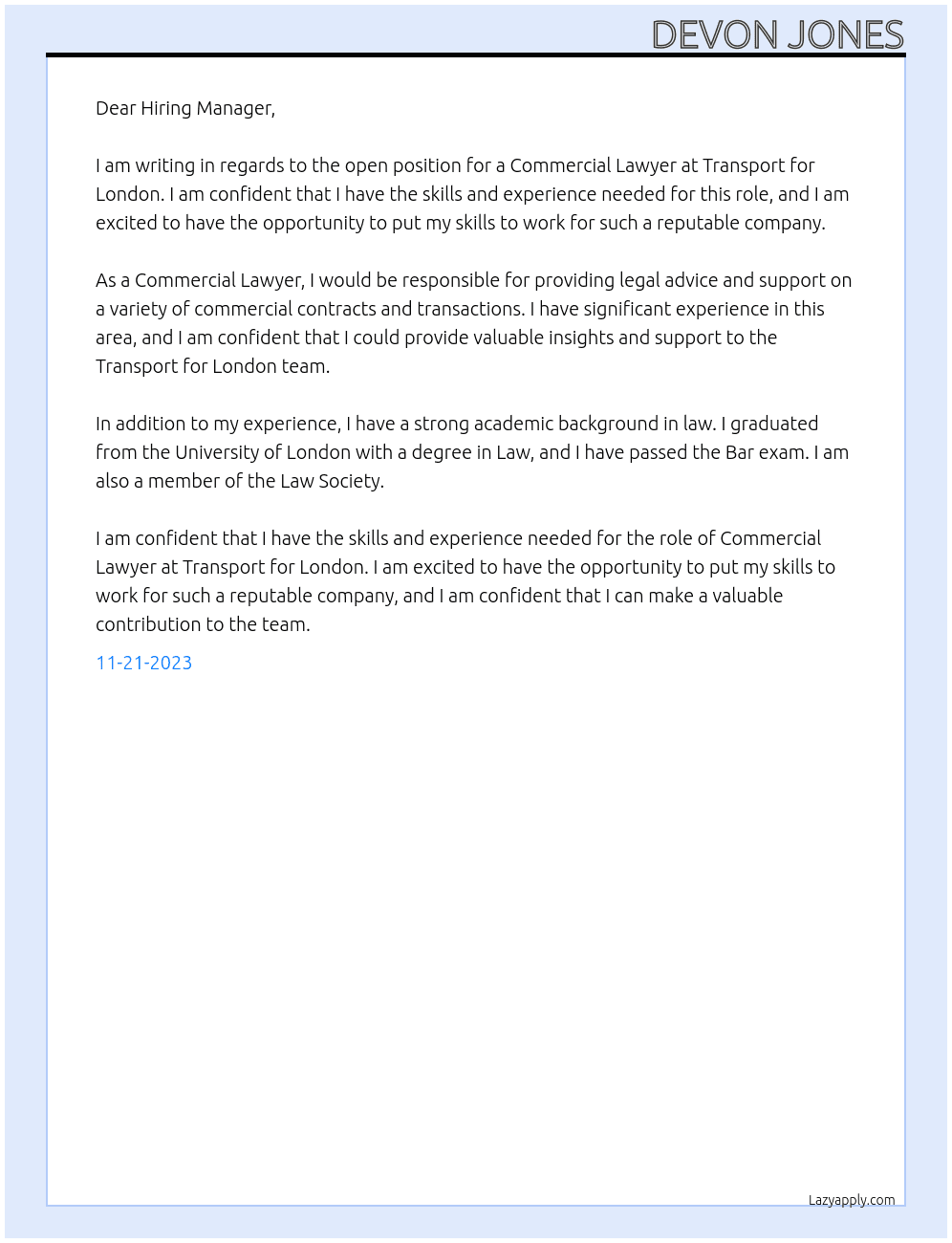Commercial Lawyer At Transport for London Cover Letter
