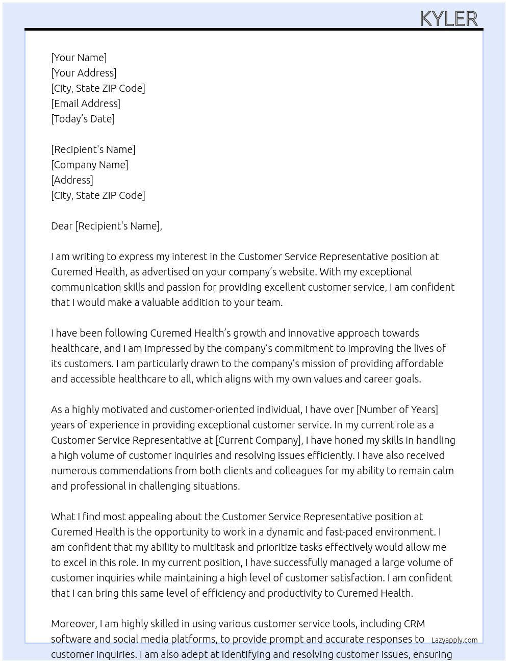 Customer Service Representative At Curemed Health Cover Letter