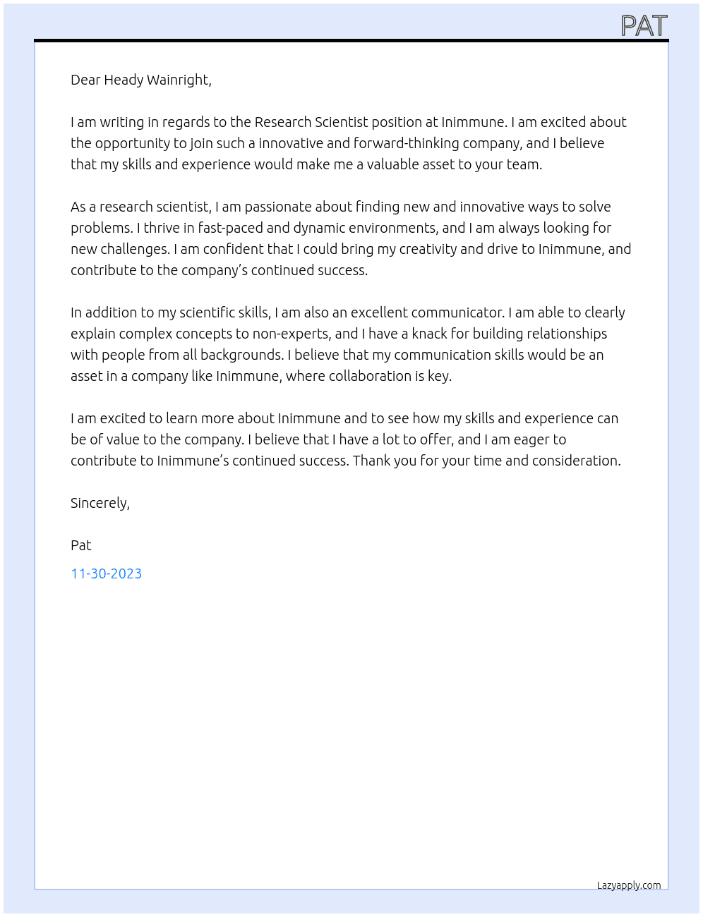 Research Scientist At Inimmune Cover Letter