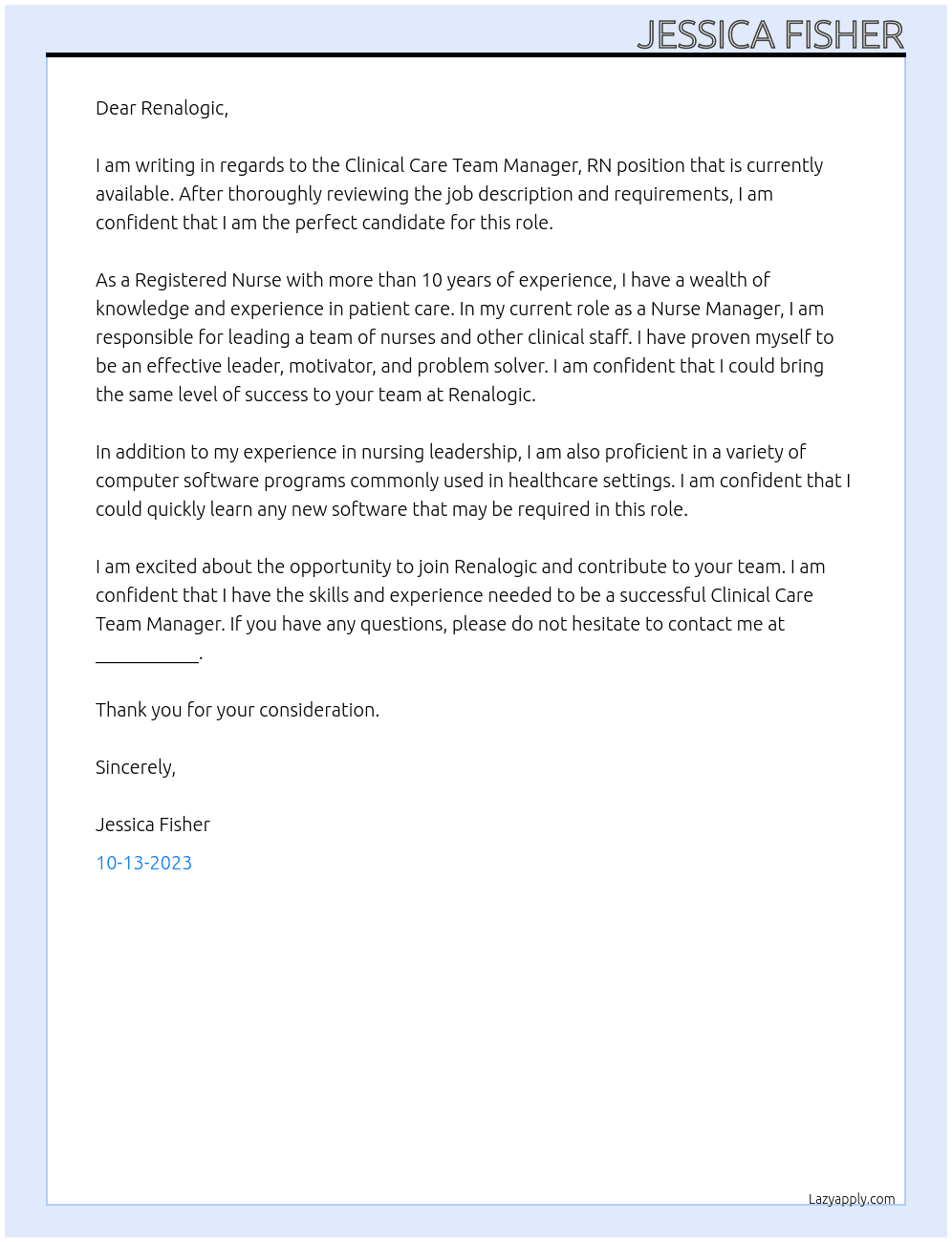 Clinical Care Team Manager, RN At Renalogic Cover Letter