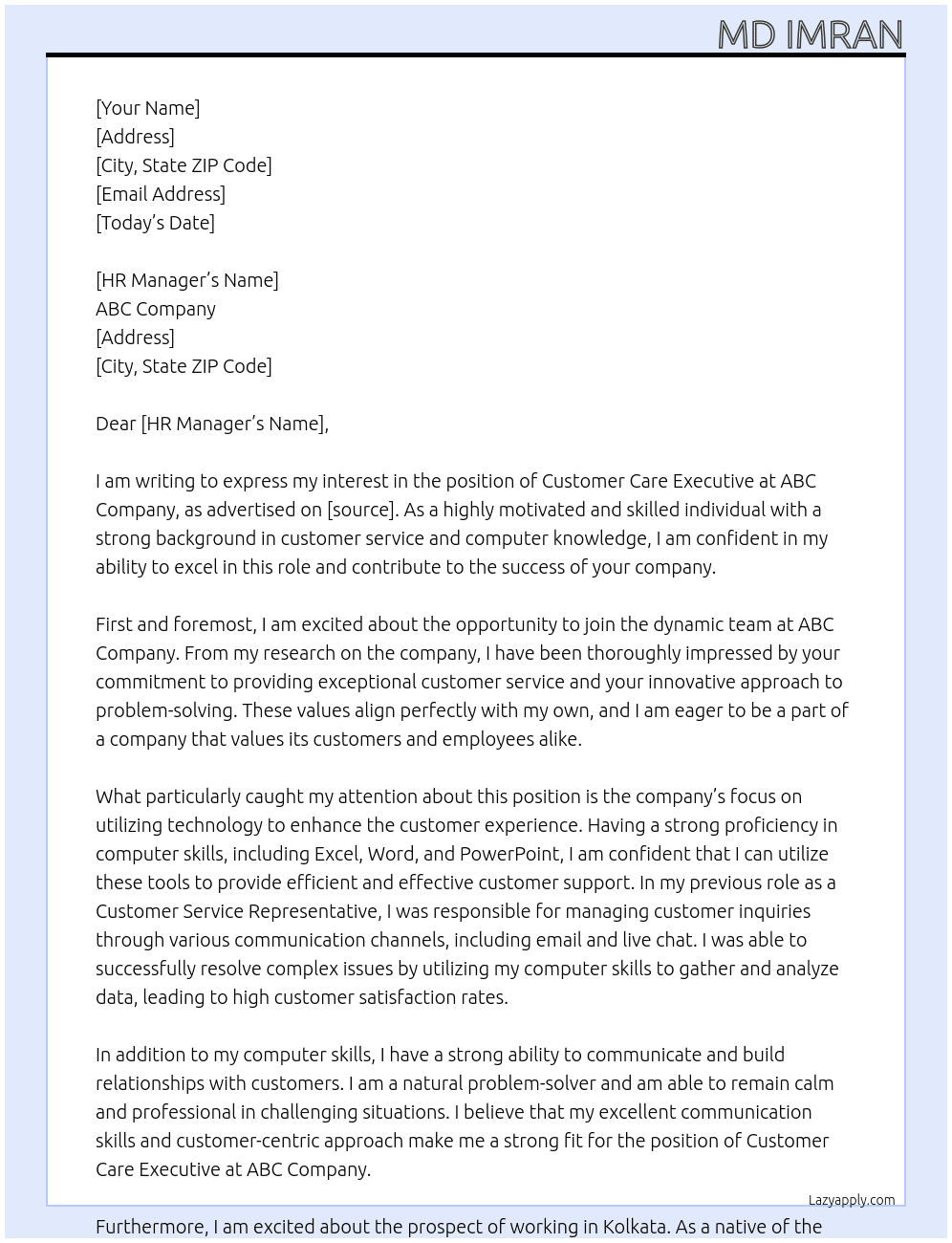 Customer care executive At Abc Cover Letter