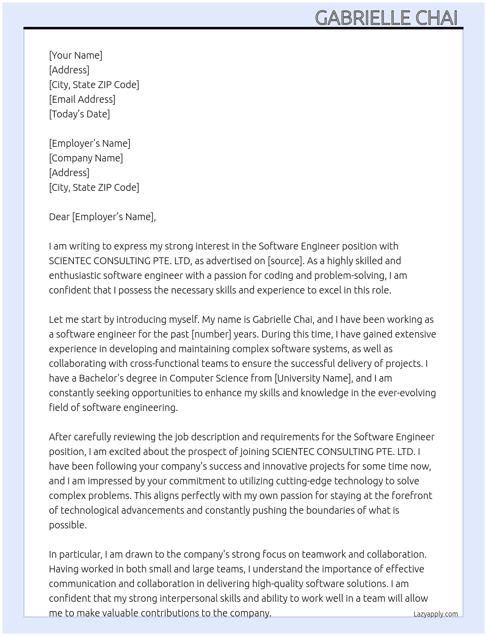 Software Engineer At SCIENTEC CONSULTING PTE. LTD Cover Letter