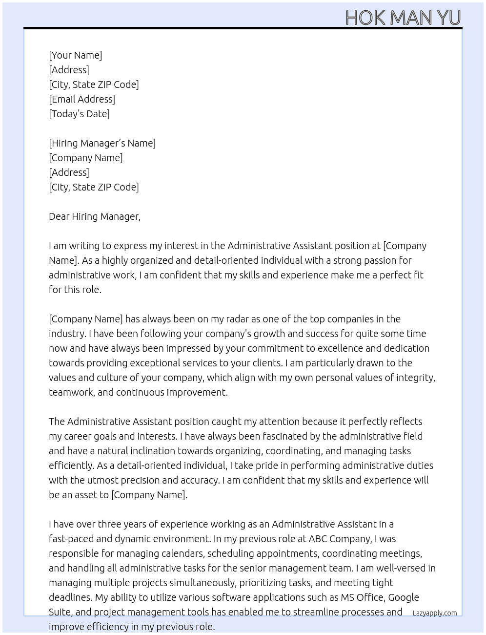 Administrative assistants At you Cover Letter