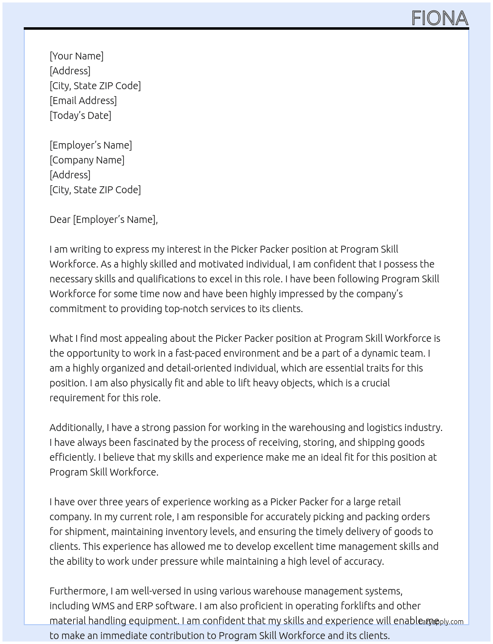 picker packer At program Skill work force Cover Letter