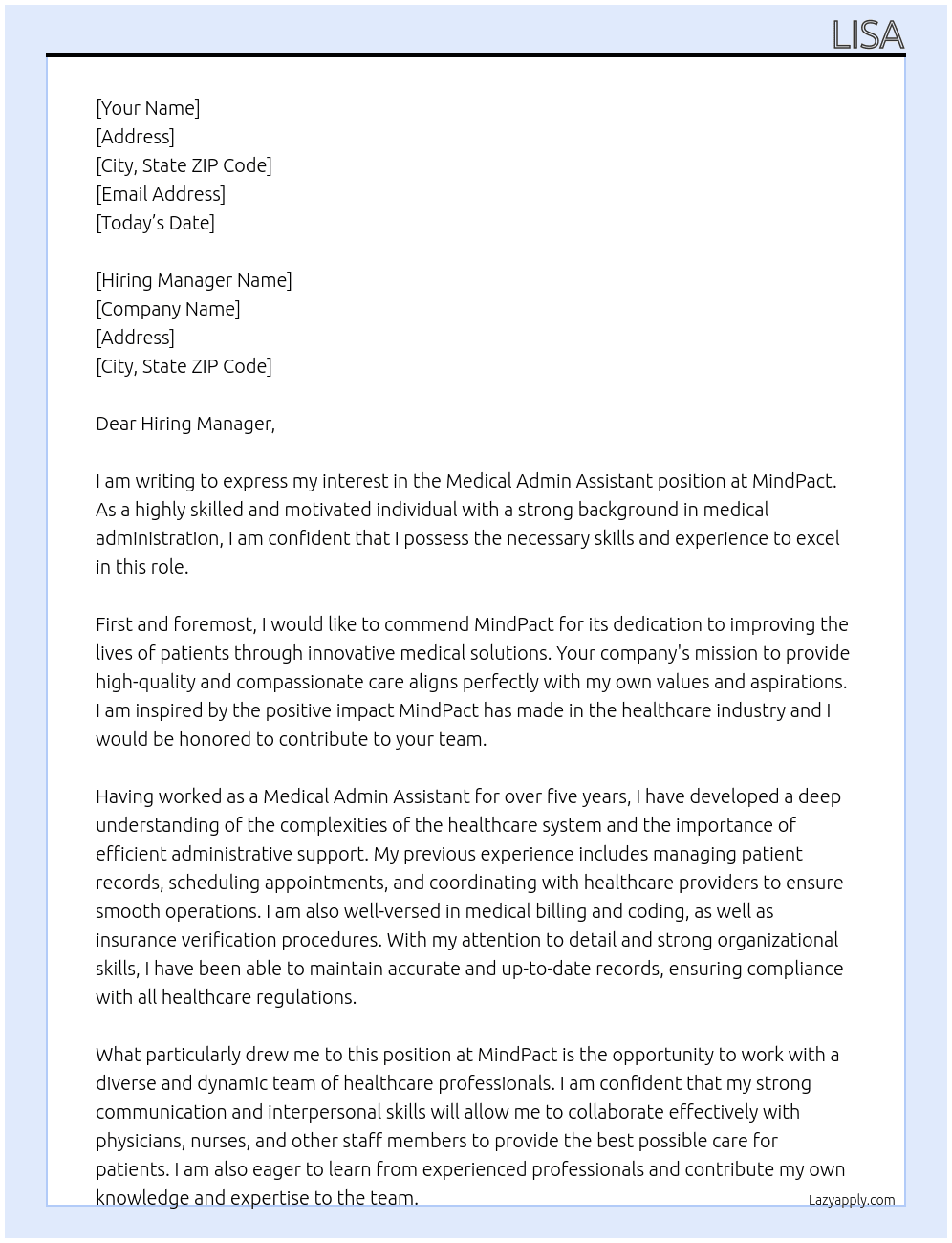 Medical Admin Assistant At MindPact Cover Letter
