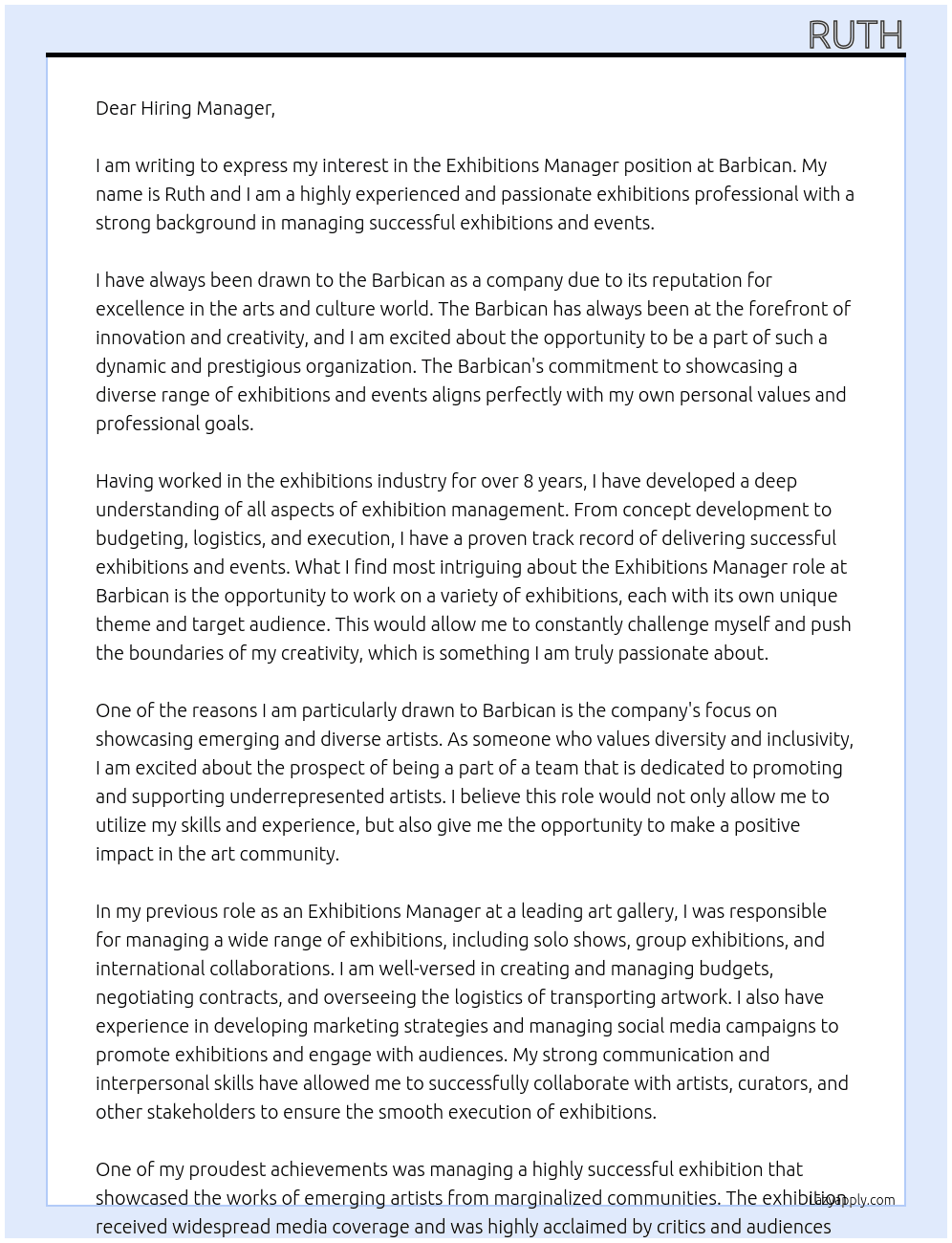 Exhibitions manager At Barbican Cover Letter
