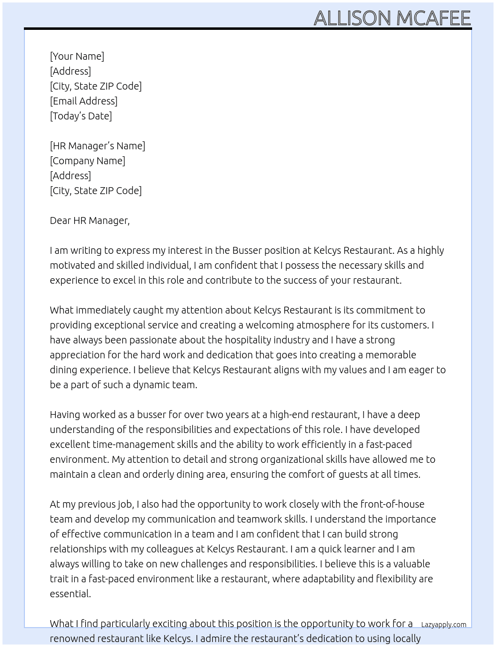 busser  At kelcys restaurant  Cover Letter