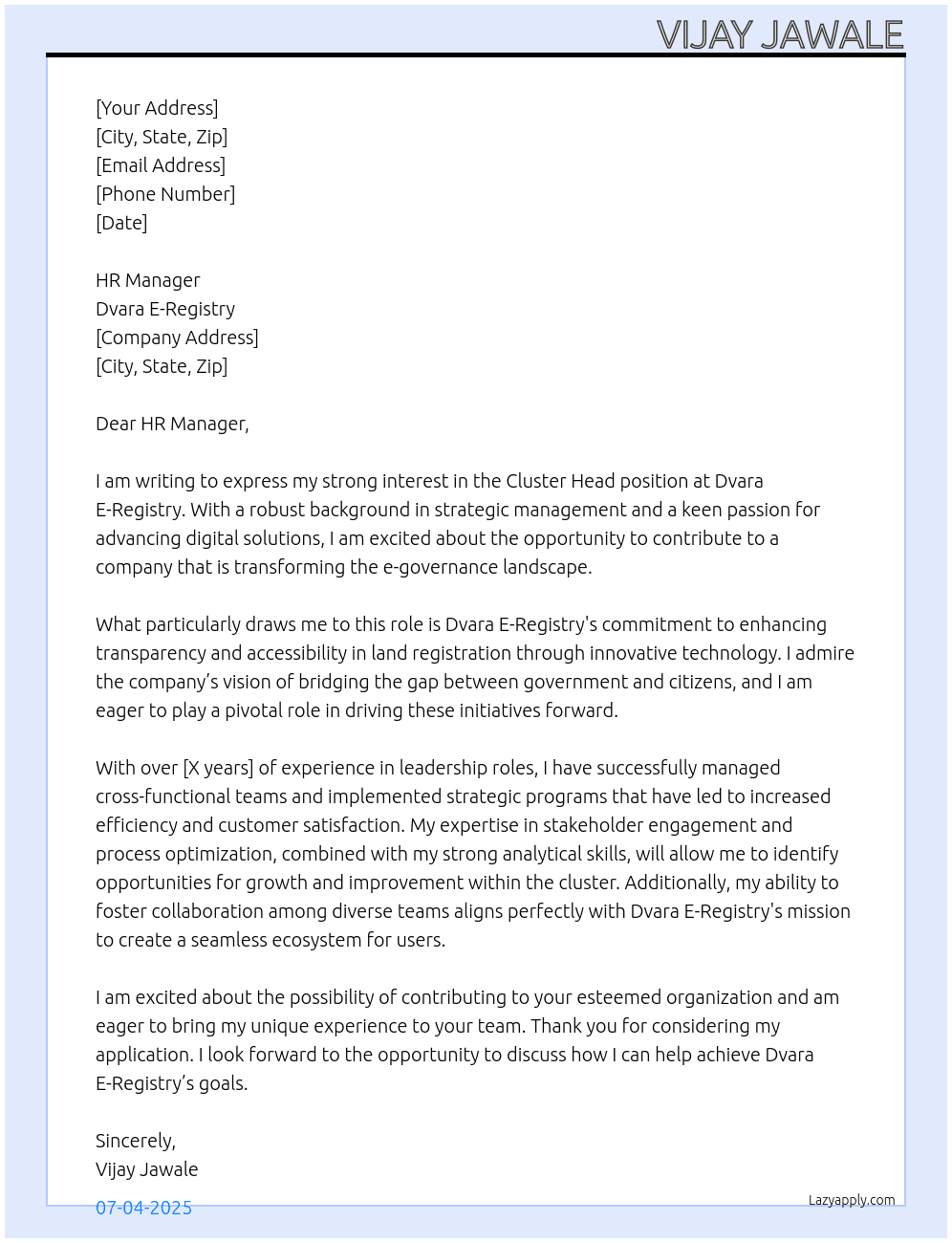 Cluster Head At Dvara E-Registry Cover Letter