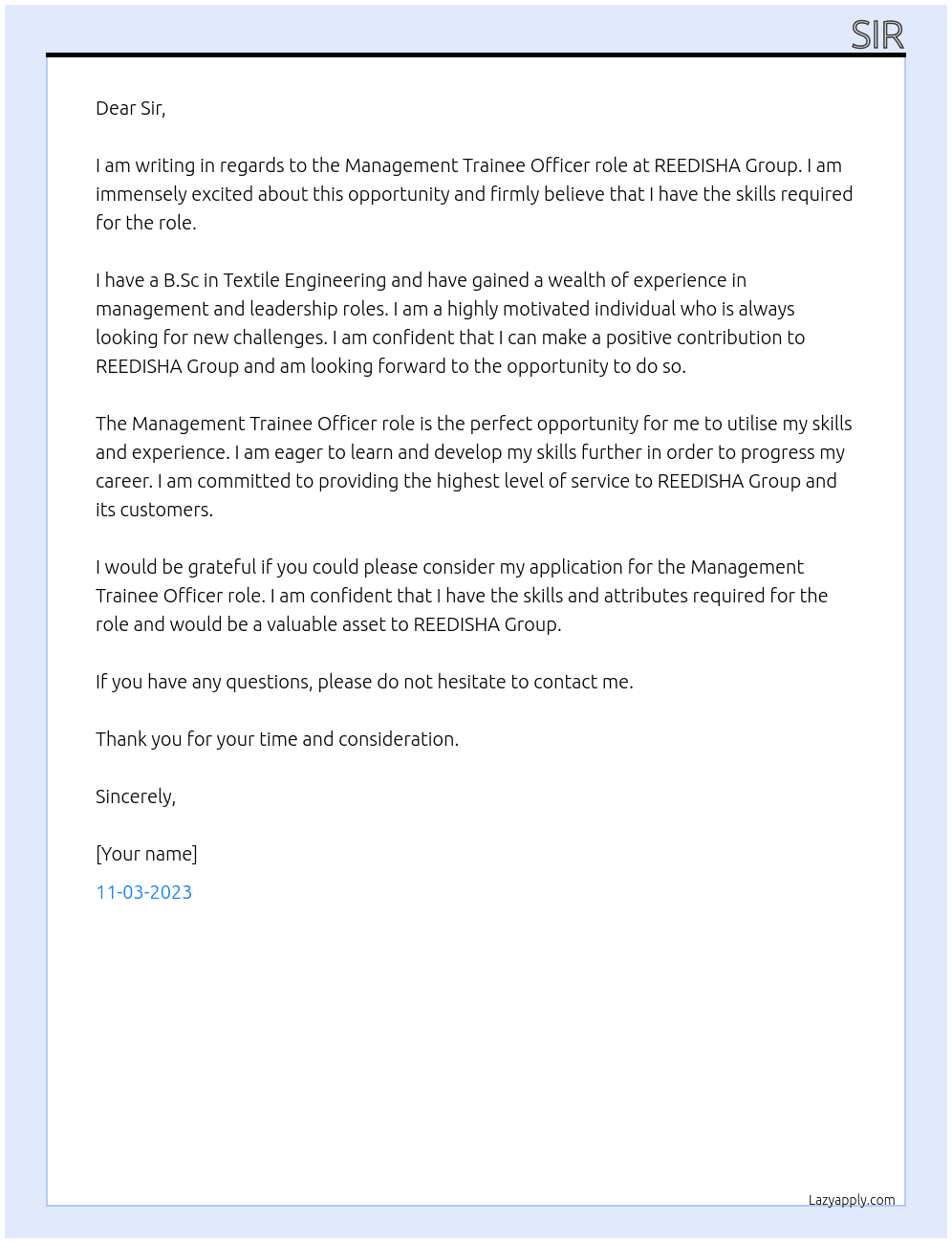 Management Trainee Officer At REEDISHA Group Cover Letter
