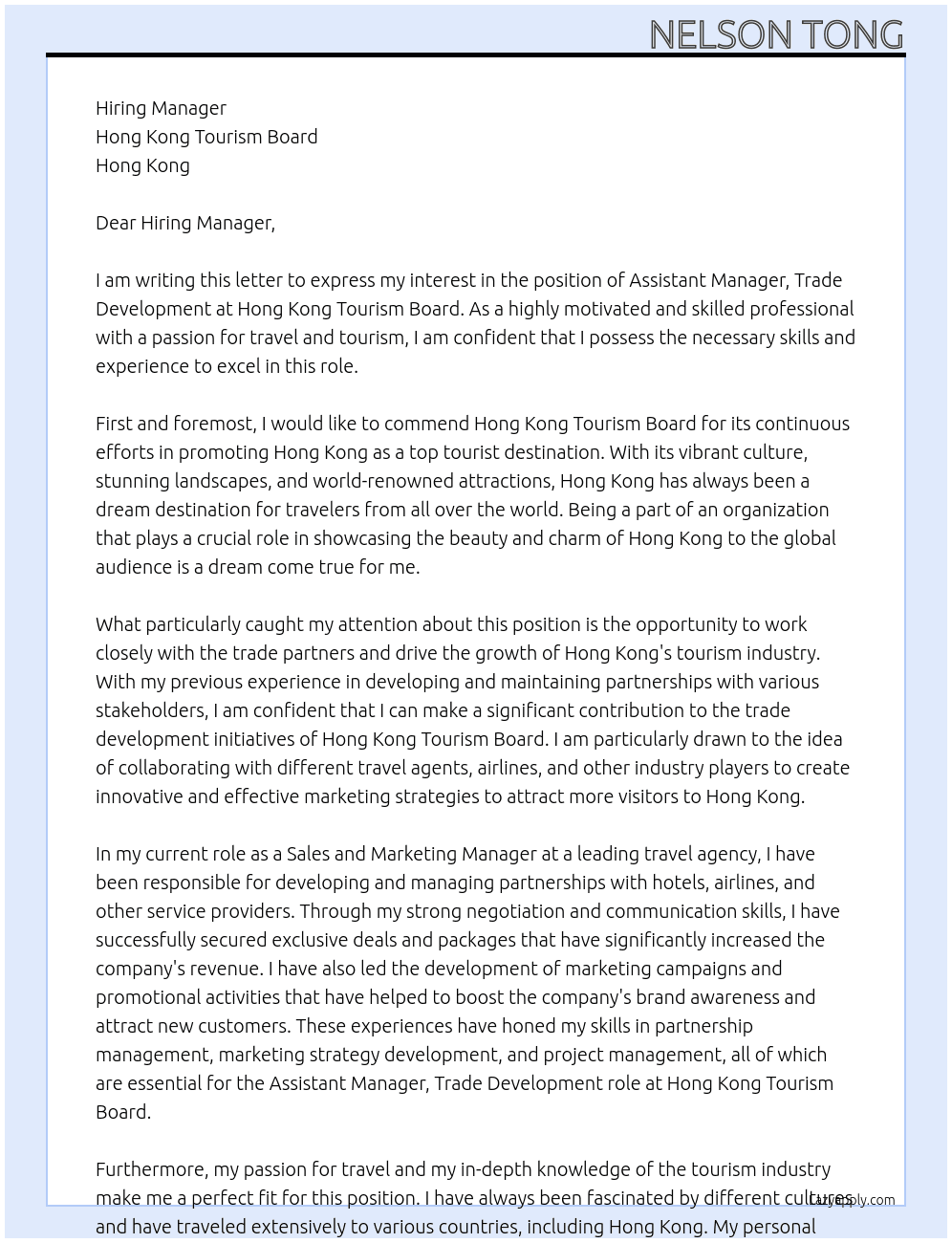 Cover letter for assistant manager, trade development - LazyApply