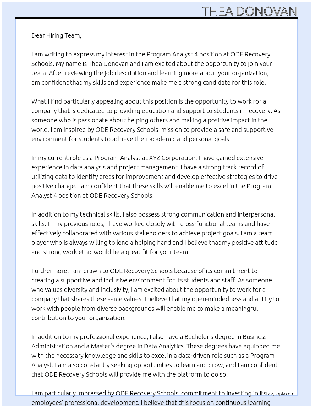 Program Analyst 4 At ODE Recovery Schools Cover Letter