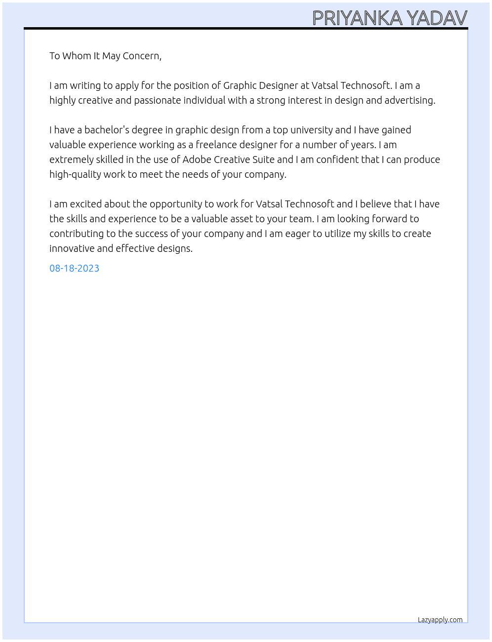 Graphic Designer  At Vatsal Technosoft Cover Letter