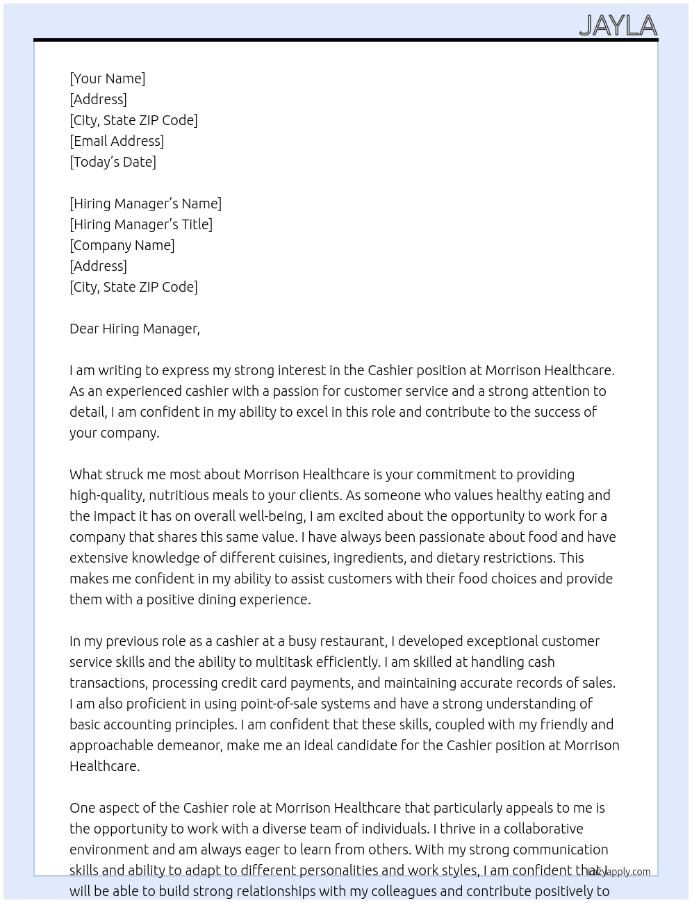 Cashier At Morrison Healthcare Cover Letter