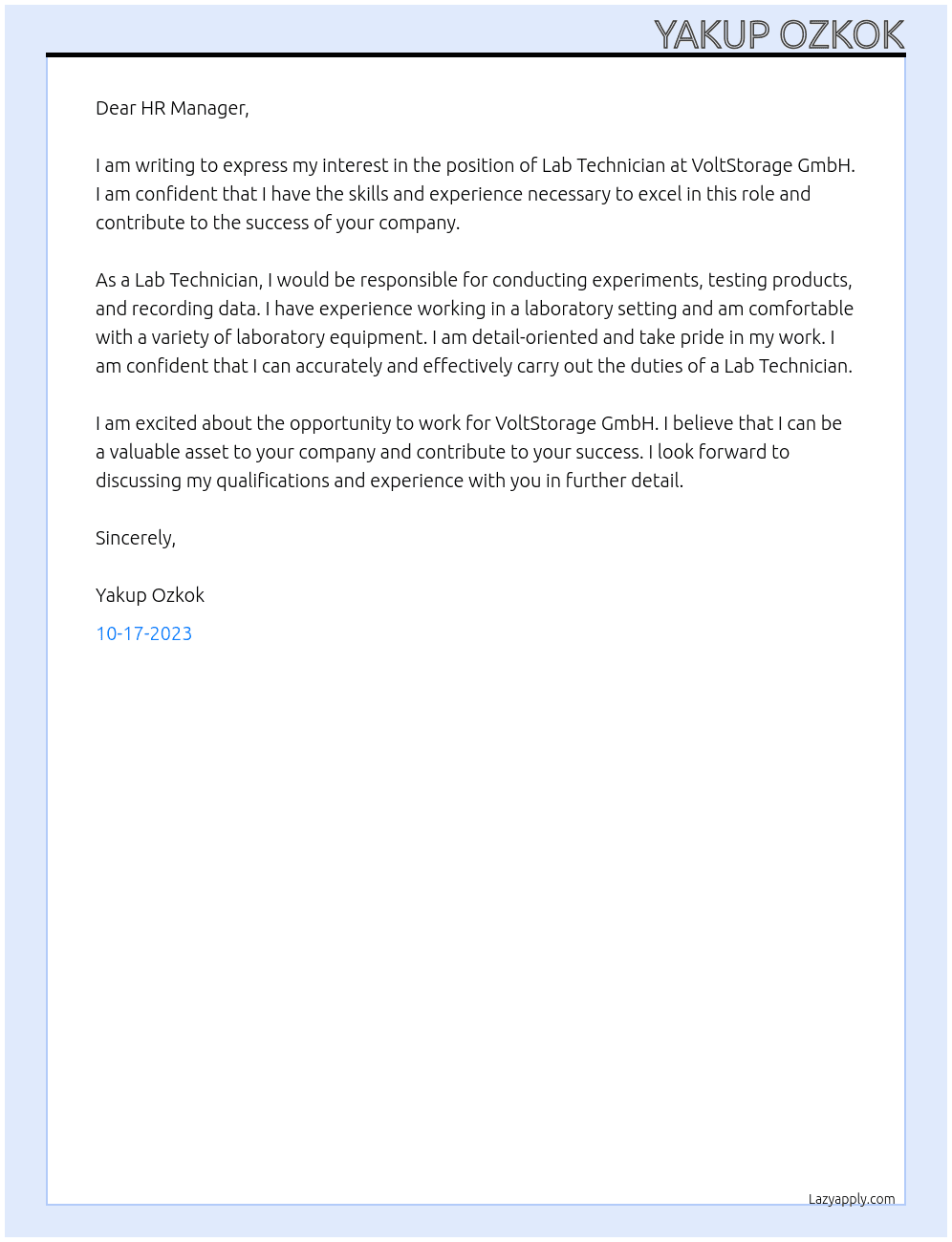 Lab technician At 	VoltStorage GmbH Cover Letter