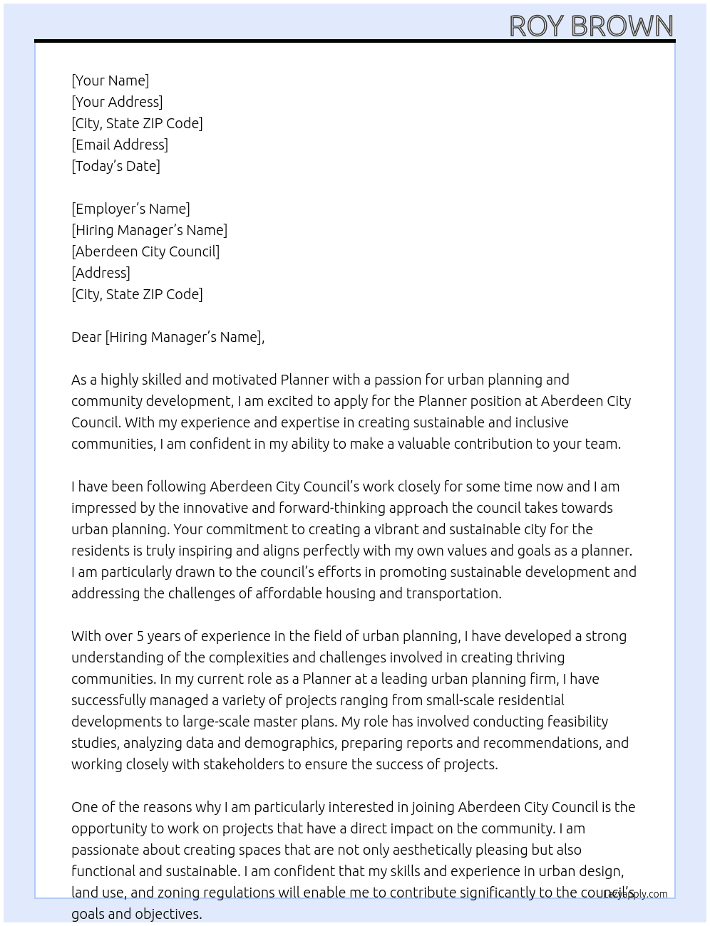 Planner At Aberdeen city Council Cover Letter
