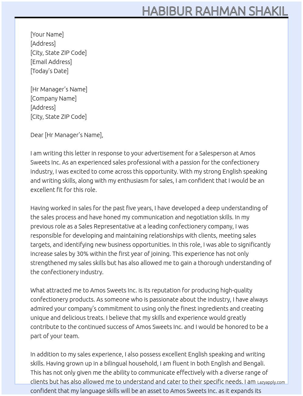 Salesperson  At Amos sweets Inc. Cover Letter