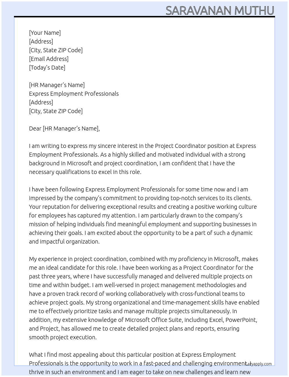 Project Coordinator At Express Employment Professionals Cover Letter