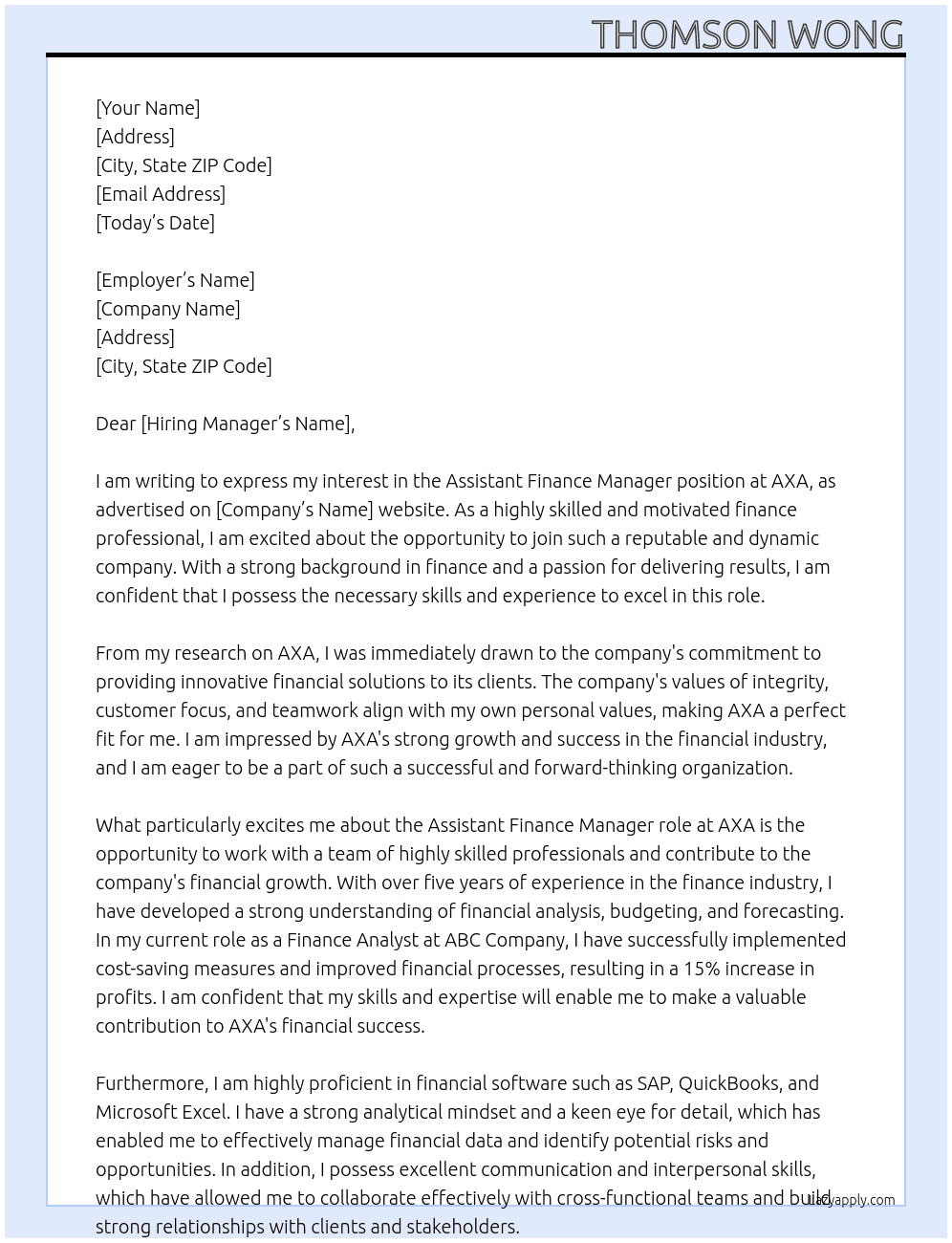Assistant finance manager At AXA Cover Letter