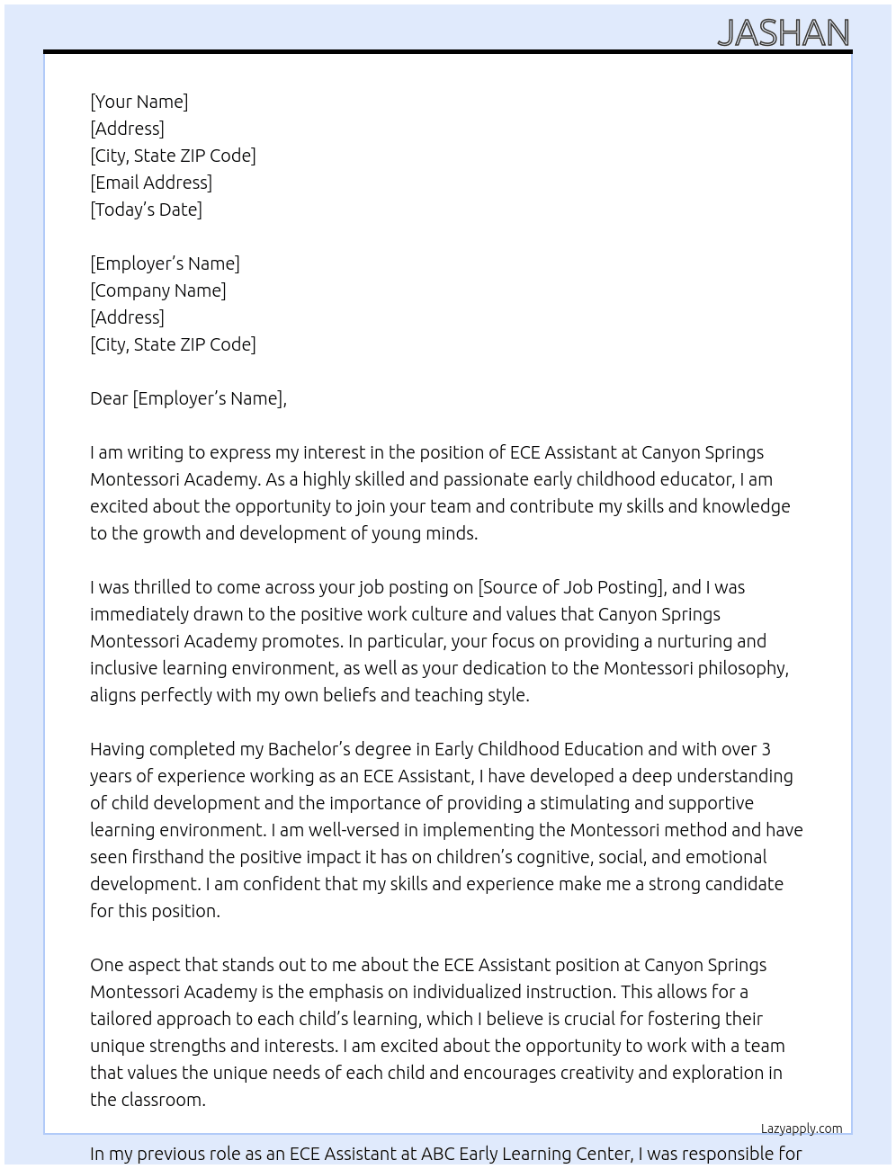 ECE assistant  At Canyon Springs Montessori Academy  Cover Letter