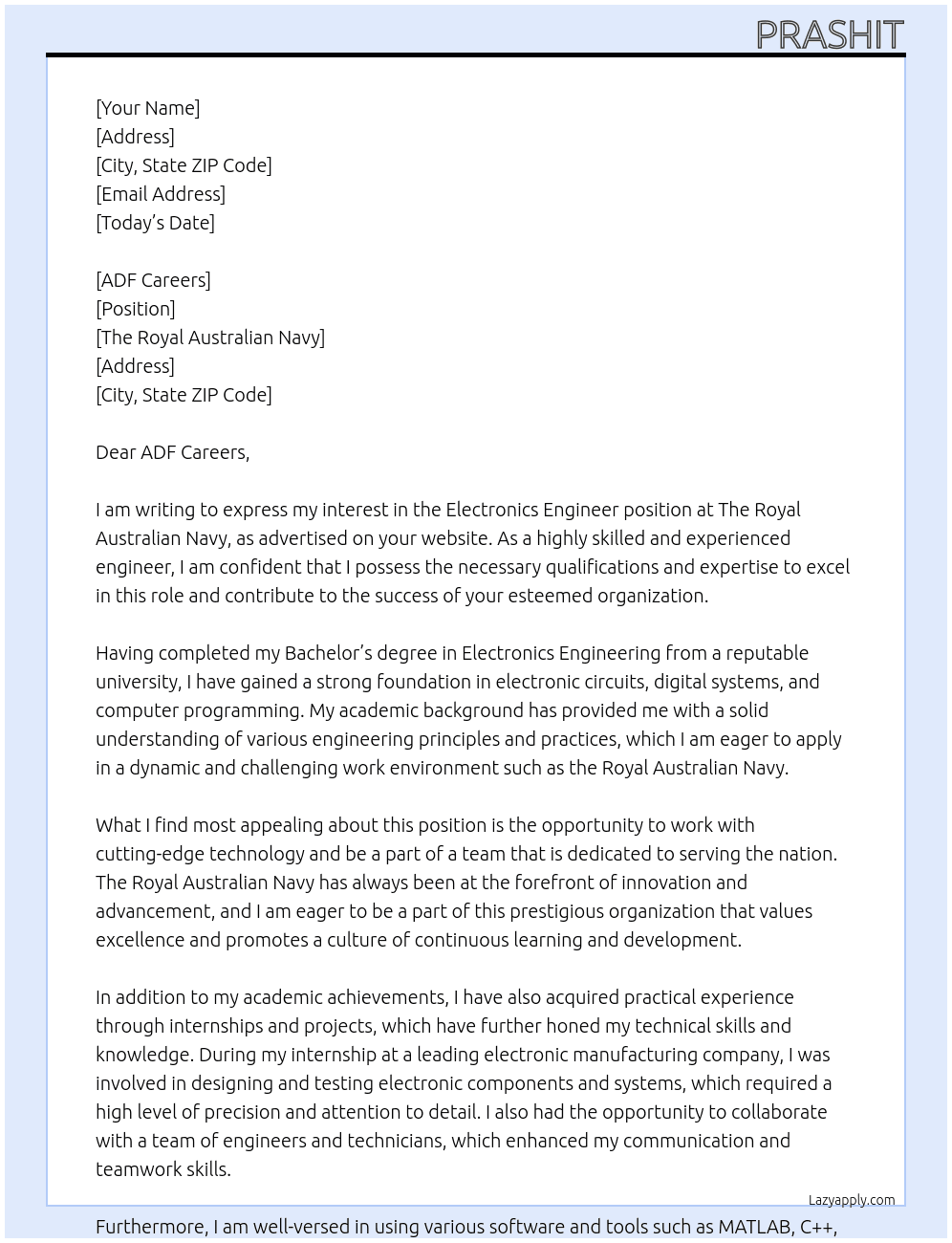 Electronics Engineer At The royal Australian navy  Cover Letter