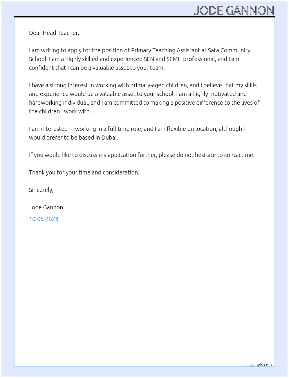 Primary Teaching Assistant  At Safa Community School Cover Letter