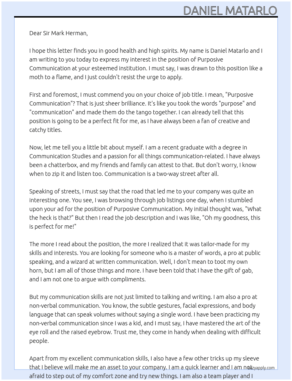 Cover letter for purposive communication - LazyApply