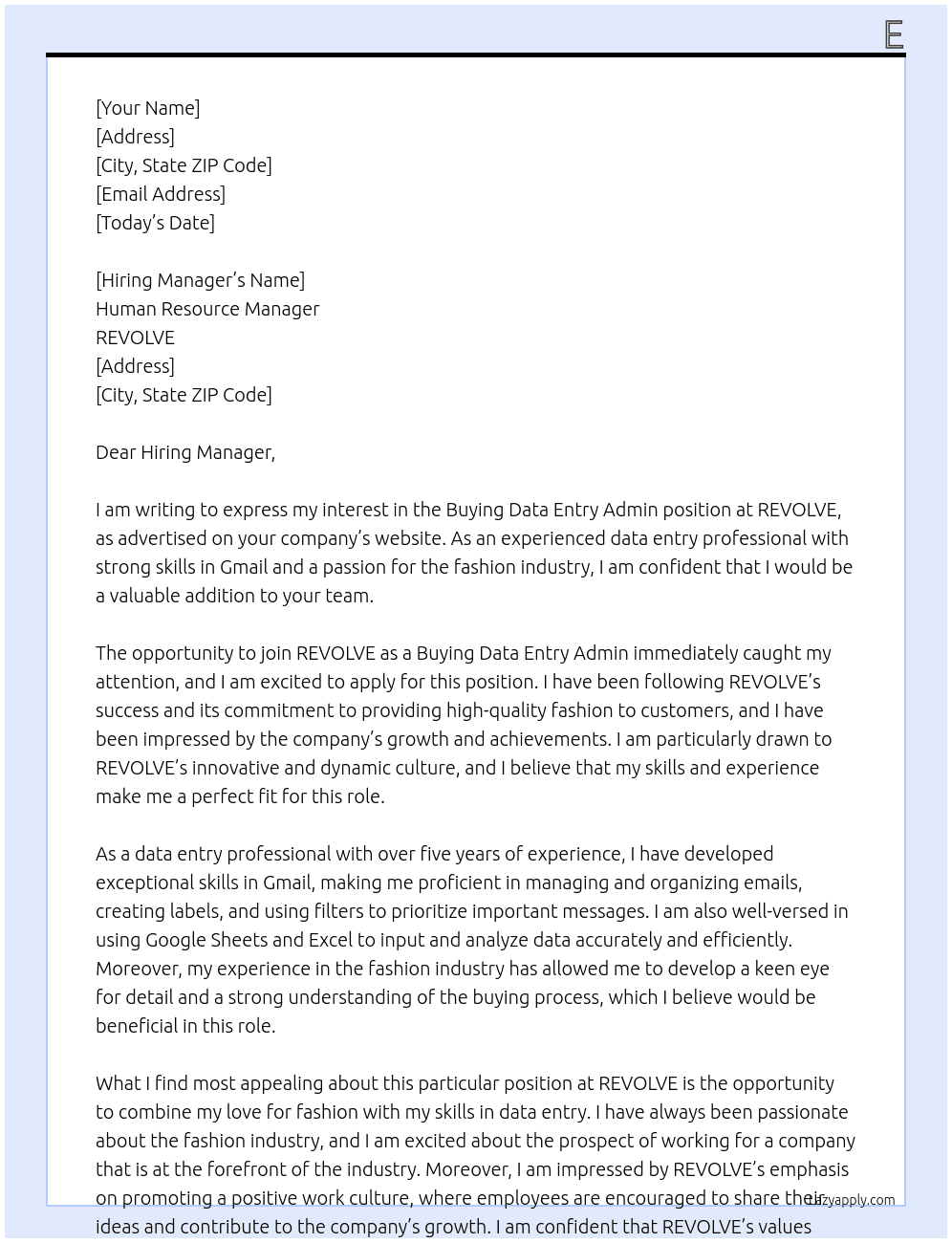 Buying Data Entry Admin At REVOLVE Cover Letter