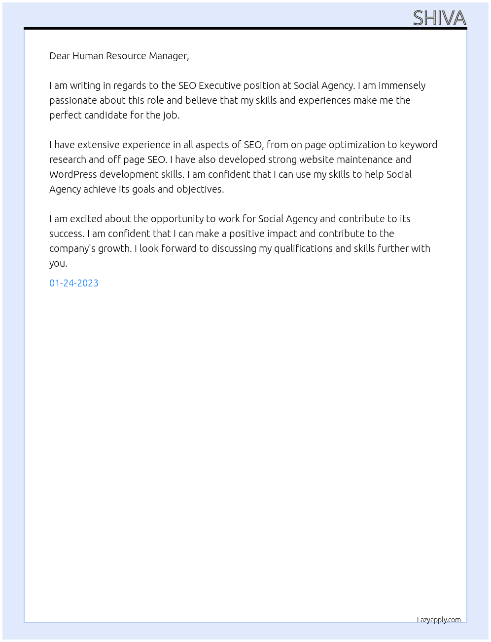 seo executive At Social Agency Cover Letter