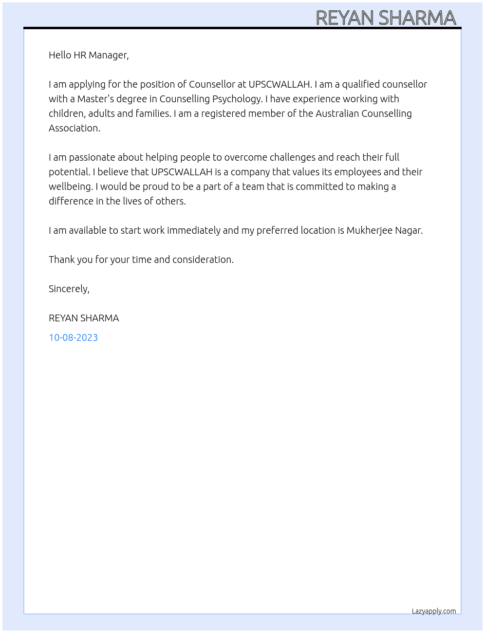 Counsellor  At UPSCWALLAH  Cover Letter