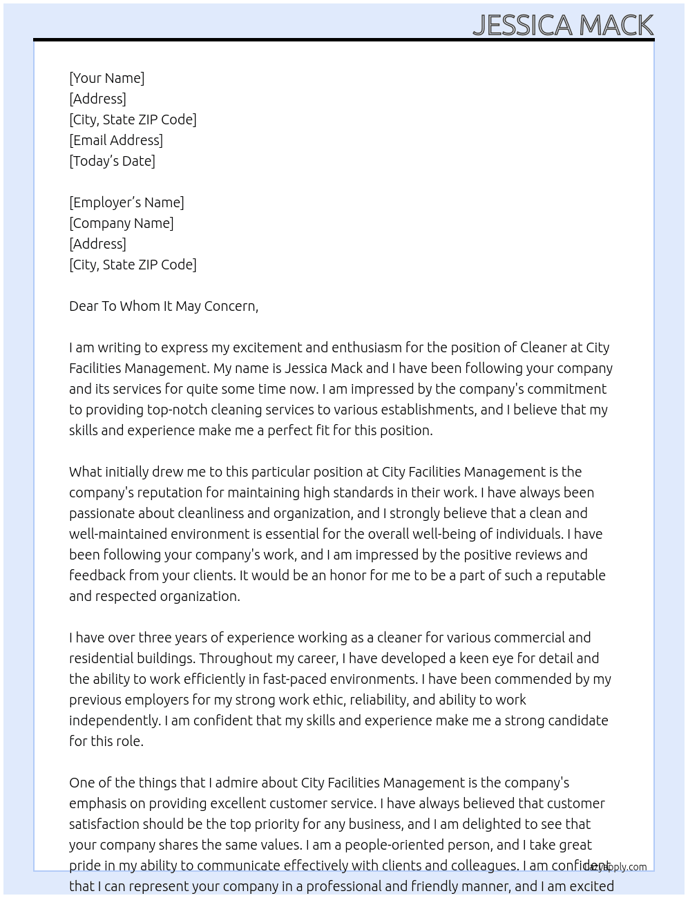 cleaner At City Facilities Management Cover Letter