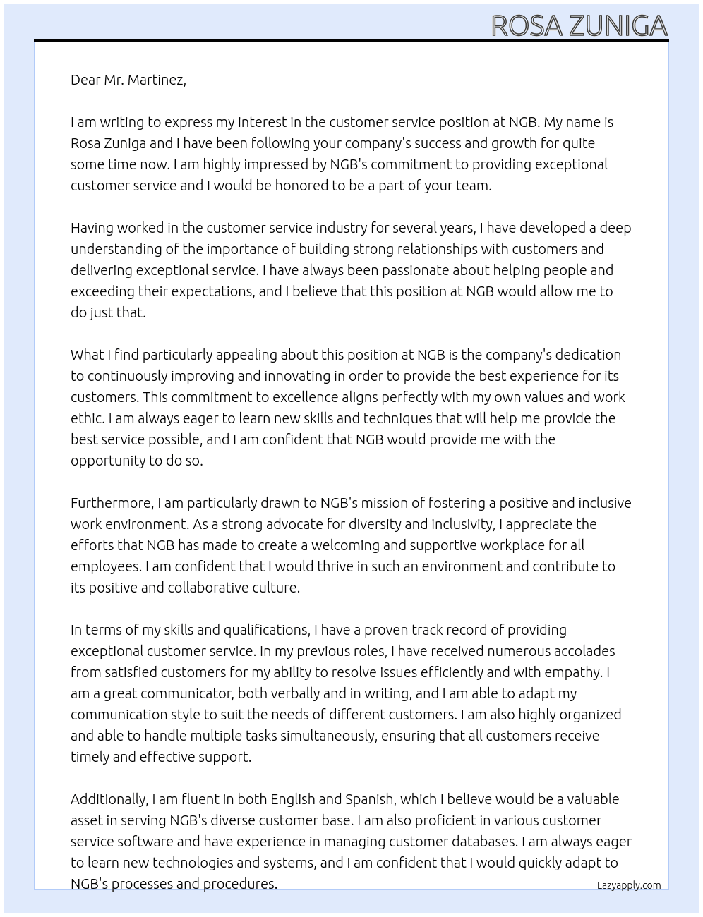 customer service At NGB Cover Letter