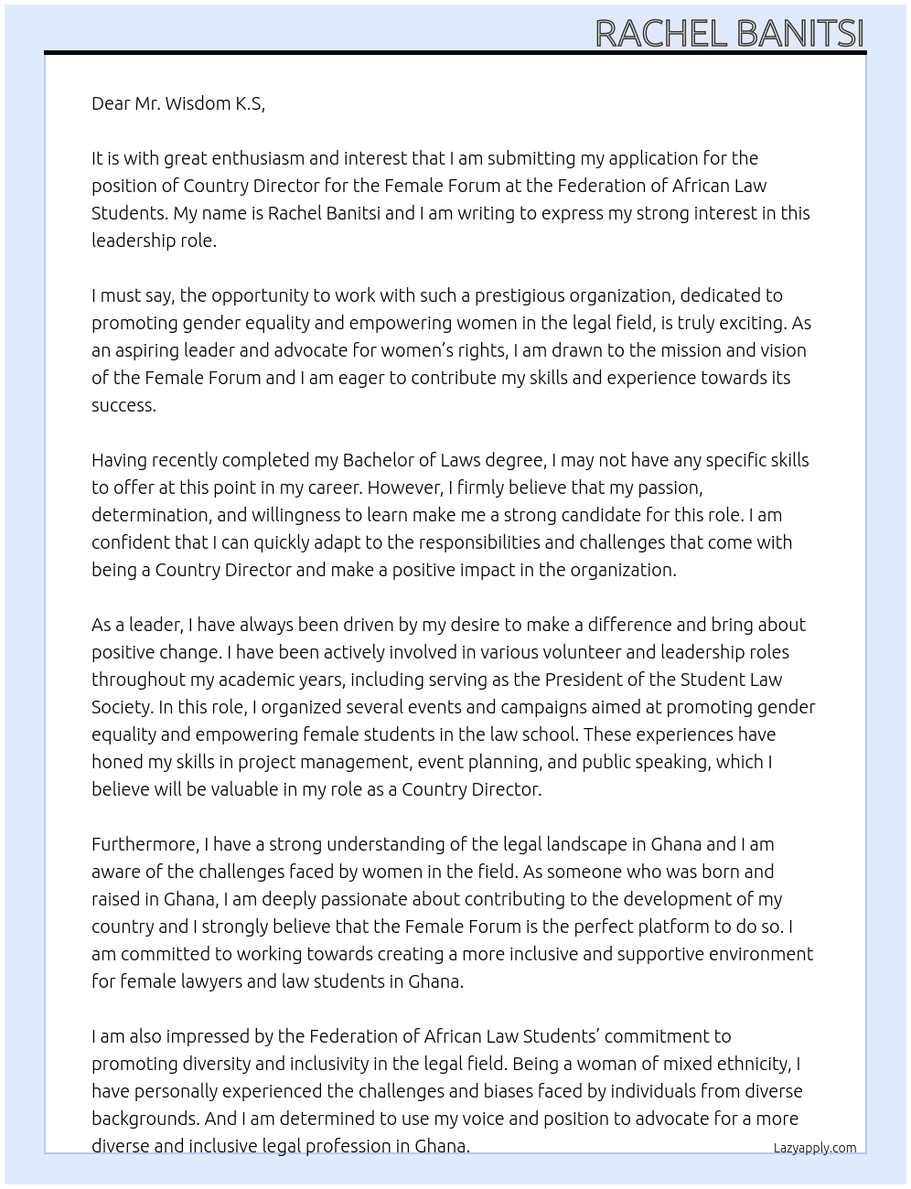 Country director for the Female forum  At Federation of African Law Students Cover Letter