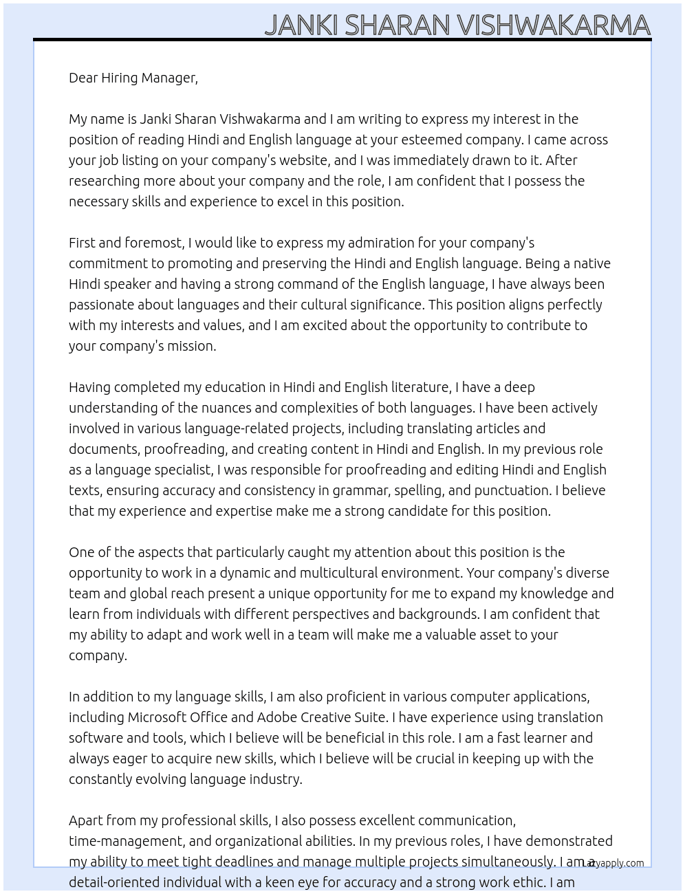 Cover letter for reading hindi & english lenguage - LazyApply